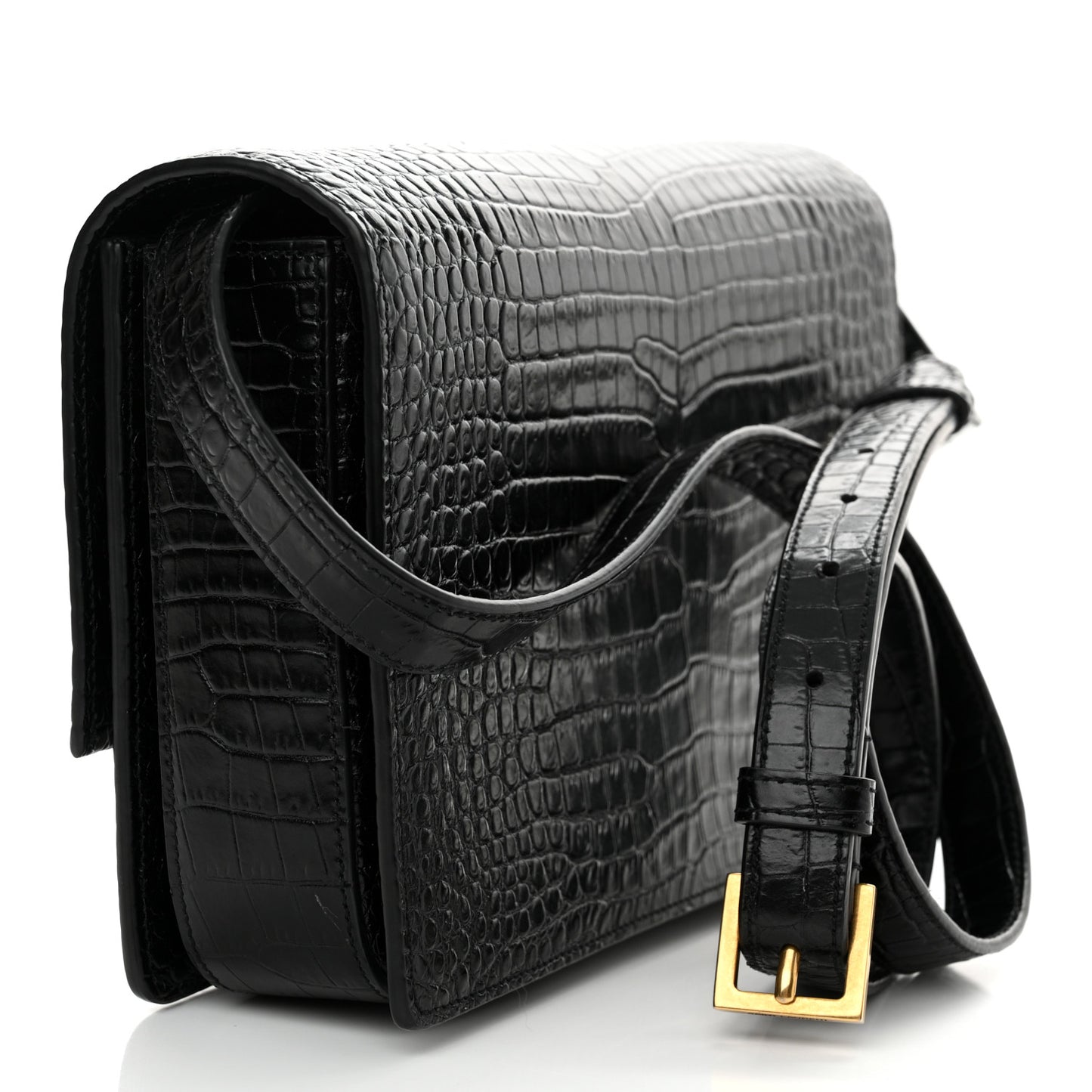 Calfskin Crocodile Embossed Medium Bellechasse Satchel Black