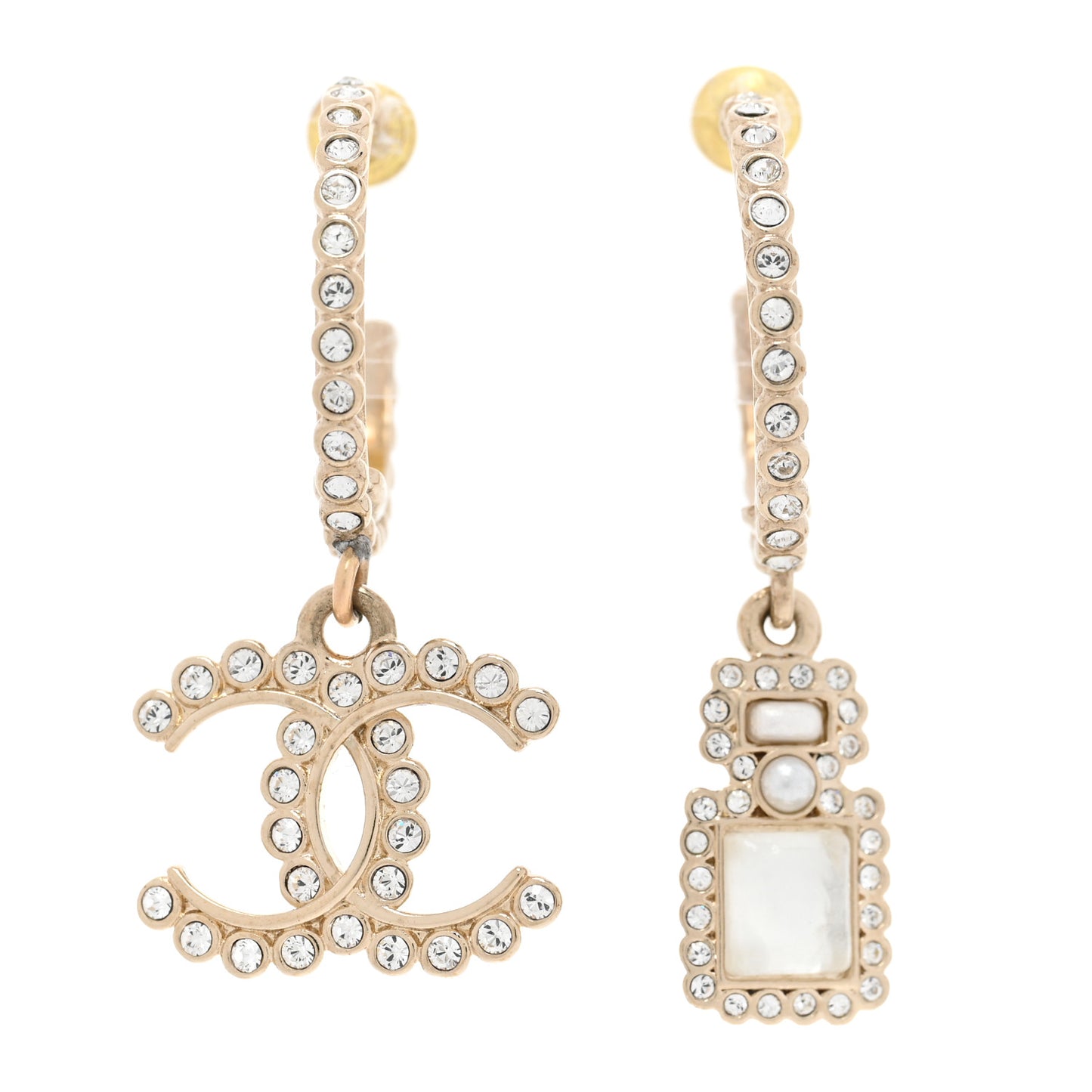 Crystal Pearl CC Perfume Bottle Drop Hoop Earrings Gold
