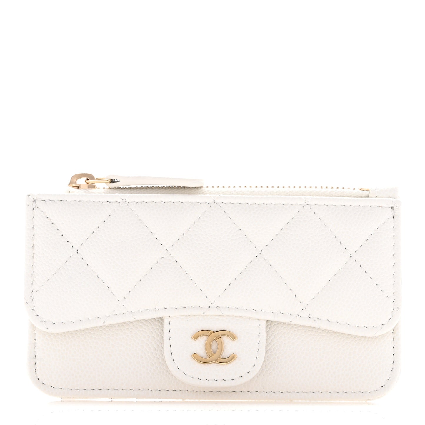Caviar Quilted Flap Zip Card Holder White