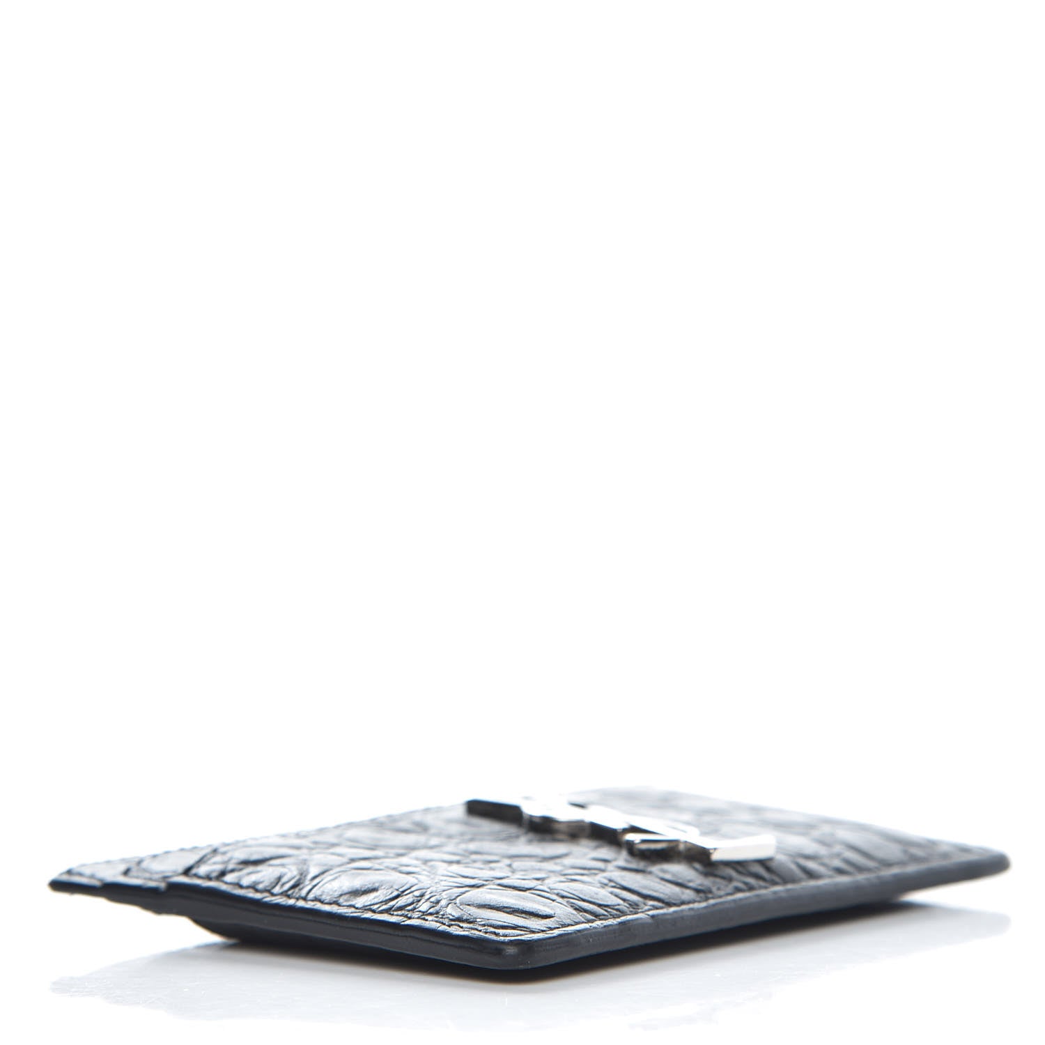 Saint Laurent Calfskin Crocodile Embossed Monogram Credit Card Case Black 4 of 7