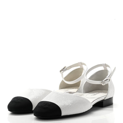 Chanel Sequin Grosgrain CC Cap Toe Ankle Flat 37 White Black 3 of 12