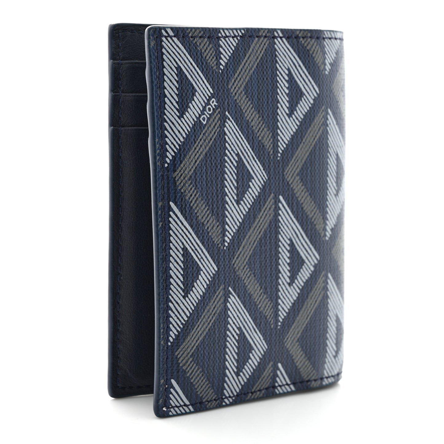 Calfskin CD Diamond Canvas Bi-Fold Card Holder Navy