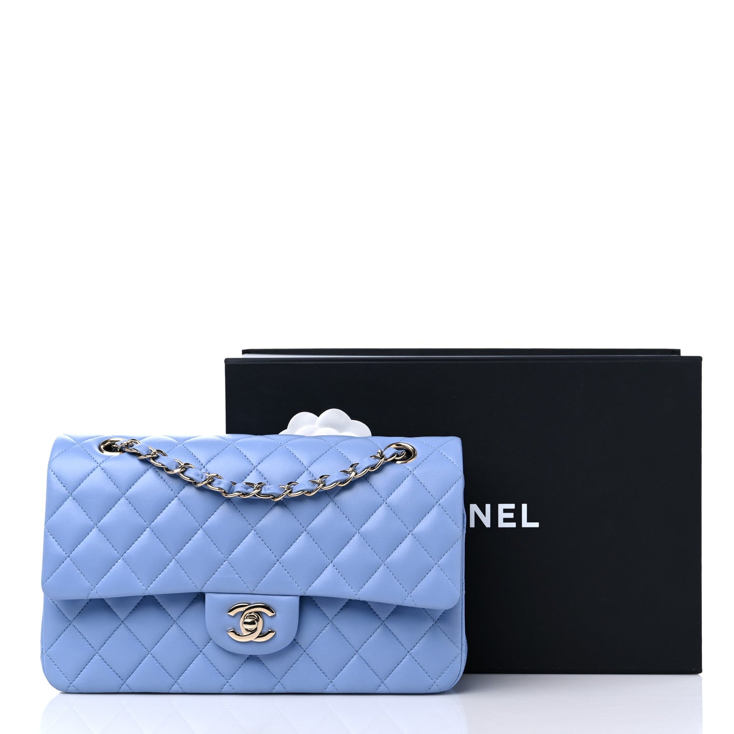 Lambskin Quilted Medium Double Flap Light Blue