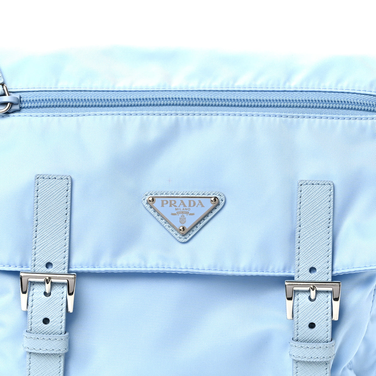 Re-Nylon Vela Saffiano Pocket Double Buckle Messenger Shoulder Bag Celeste