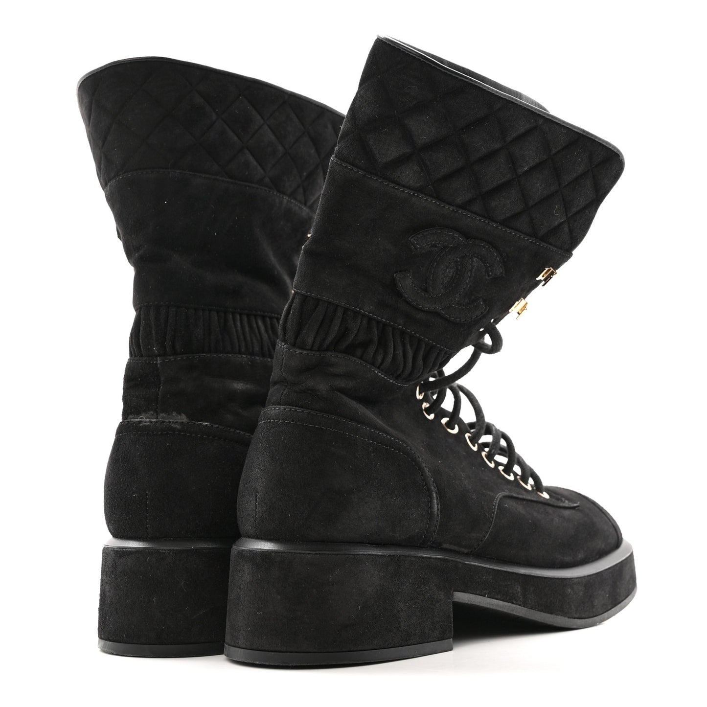 Suede Quilted Lace Up Combat Boots 38.5 Black