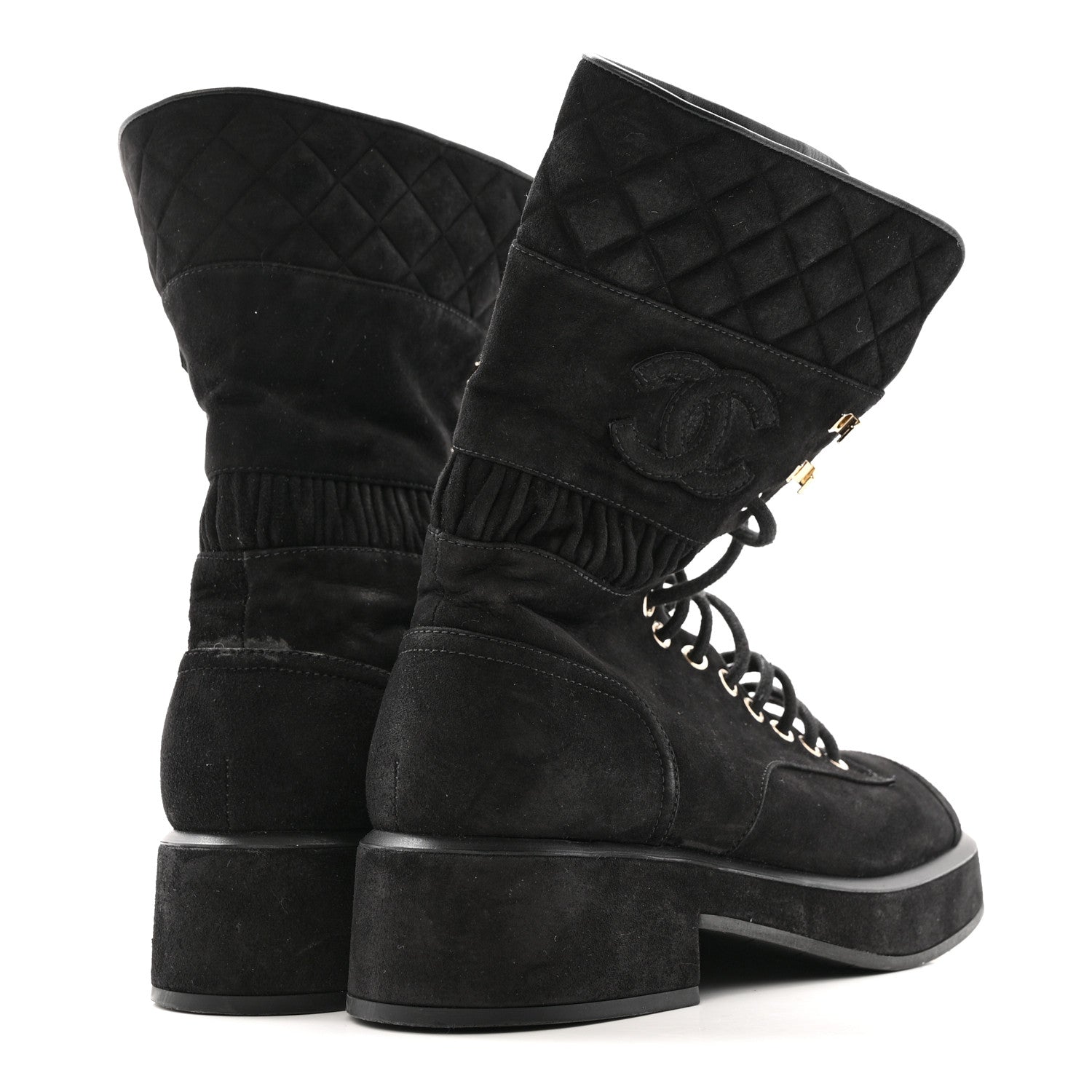 Chanel Suede Quilted Lace Up Combat Boots 38.5 Black 5 of 13