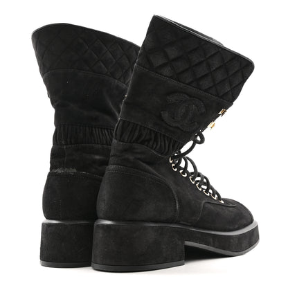 Chanel Suede Quilted Lace Up Combat Boots 38.5 Black 5 of 13