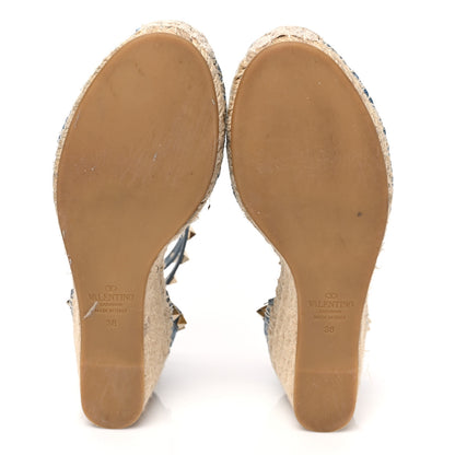 Valentino Garavani Denim Butterfly Embroidered Rockstud Ankle Wrap Espadrille Wedges 38 Light Denim 5 of 8
