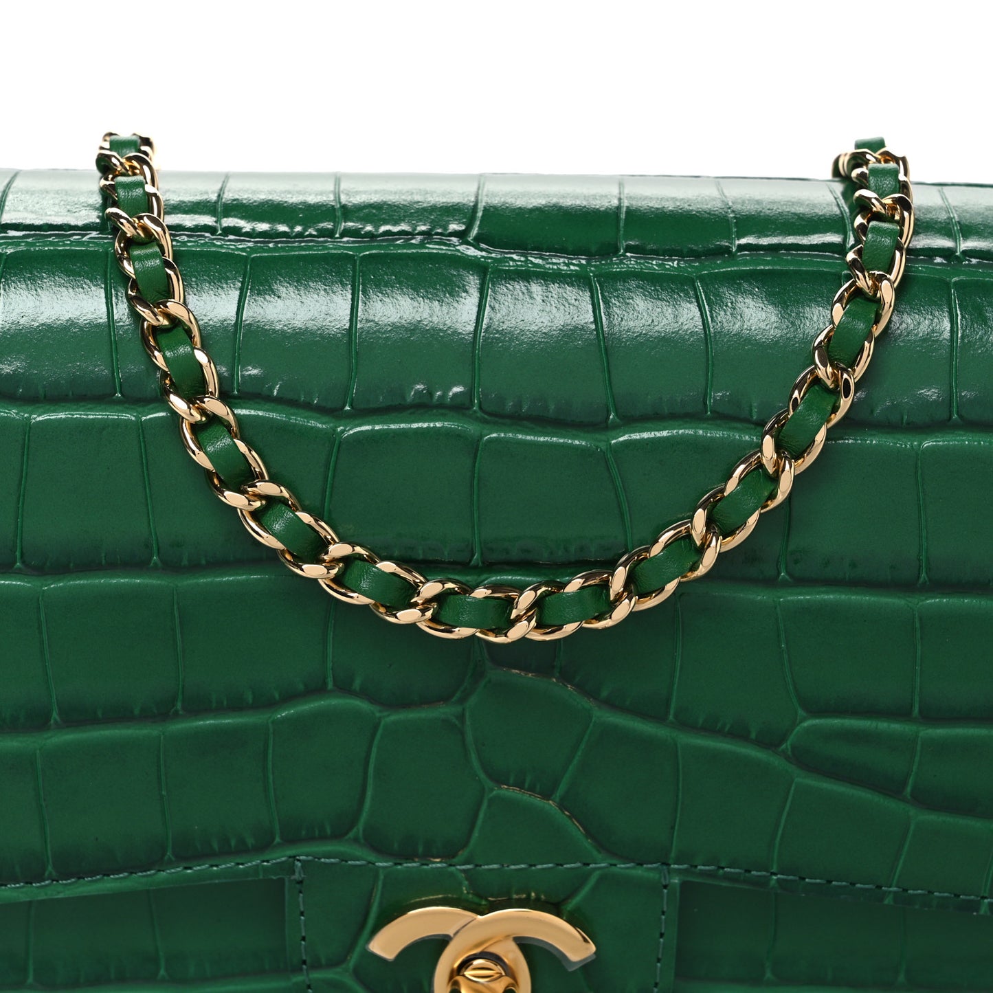 Crocodile Embossed Calfskin Turn Around Mini Flap Bag With Top Handle  Green