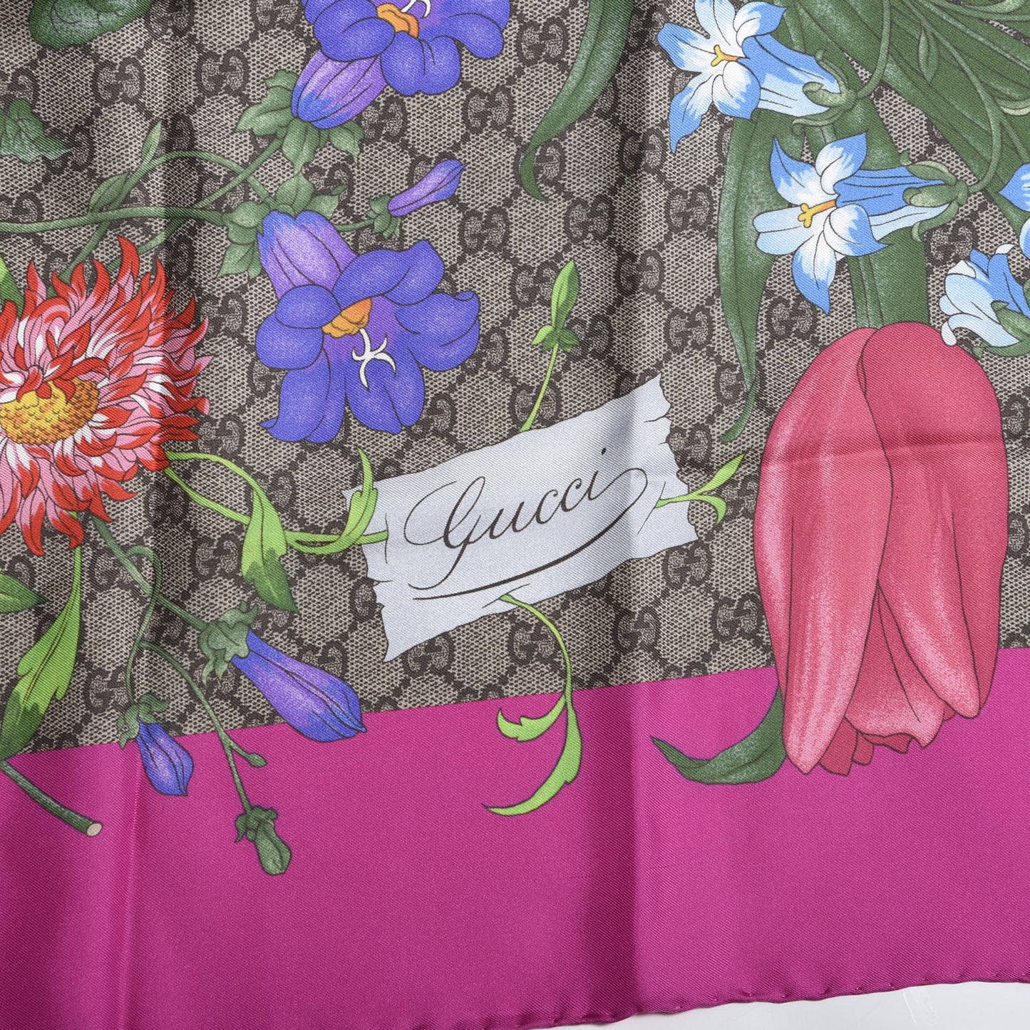 Silk Twill GG Monogram Flora Fluo GG Square Scarf Beige Pink