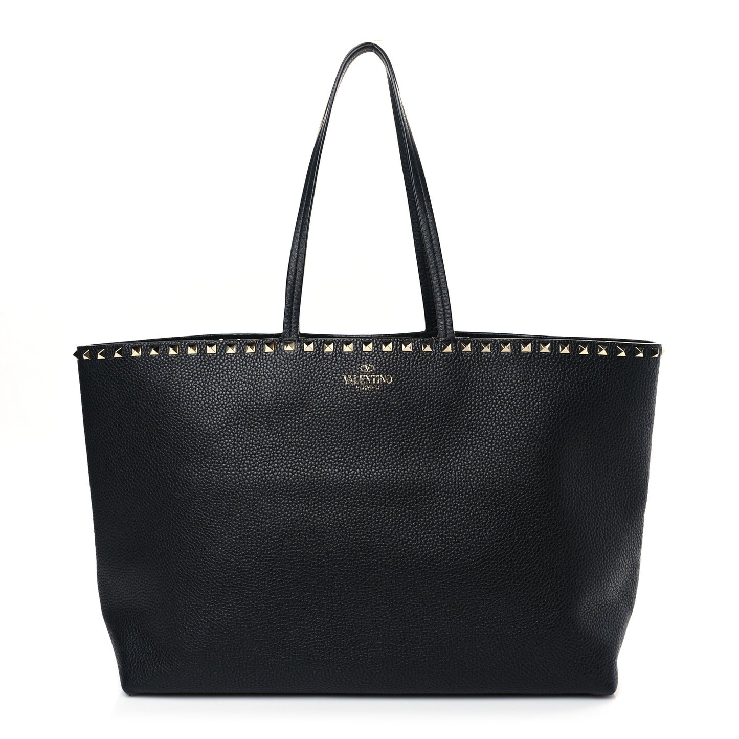 Grained Calfskin Rockstud Shoulder Tote Black