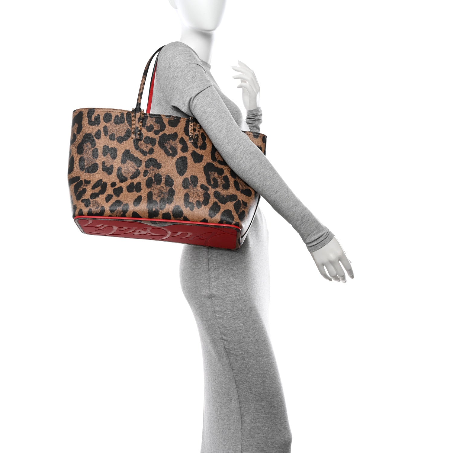 Christian Louboutin Calfskin Leopard Print Spikes East West Cabata Tote Brown 3 of 12