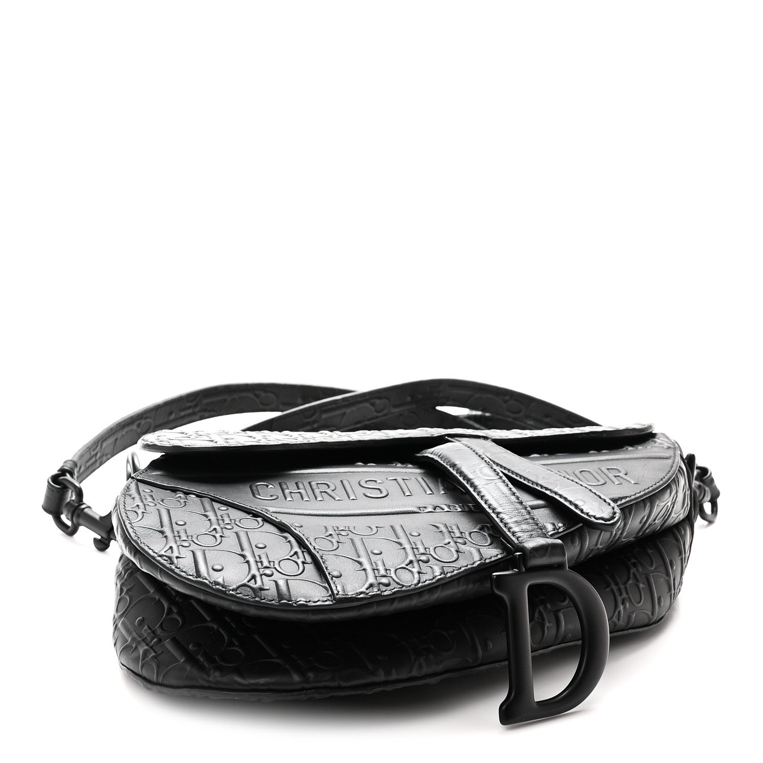 Christian Dior Calfskin Embossed Oblique Saddle Bag With Strap Black 4 of 10