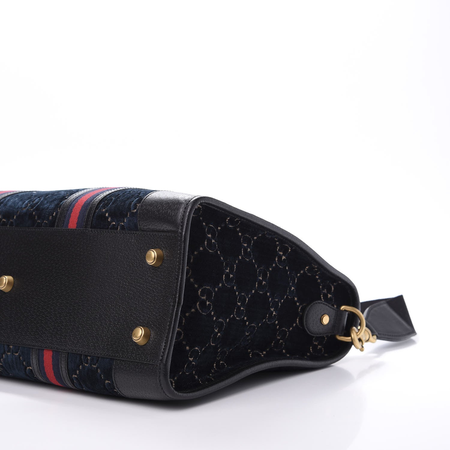 Gucci Velvet GG Monogram Textured Calfskin Web Medium Duffle Bag Blue Beige Black 10 of 11