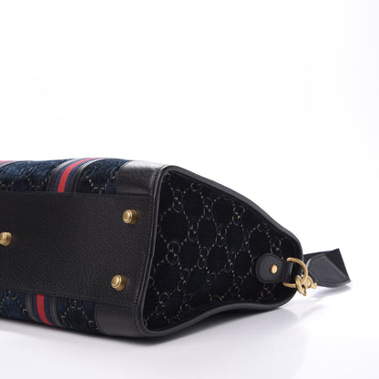Gucci Velvet GG Monogram Textured Calfskin Web Medium Duffle Bag Blue Beige Black 10 of 11