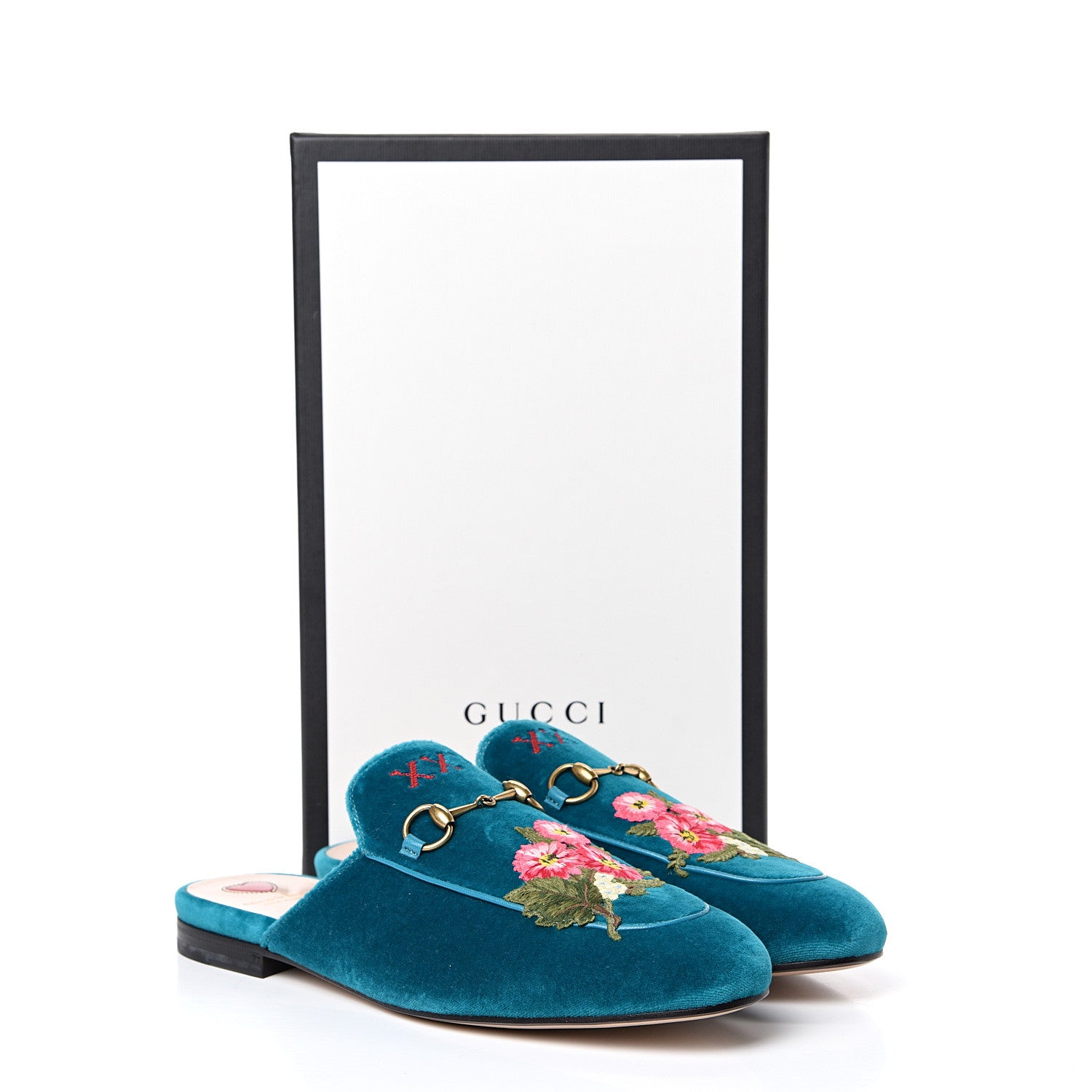 Gucci Velvet Floral Embroidered Womens Princetown Slippers 40 Pavone 11 of 11