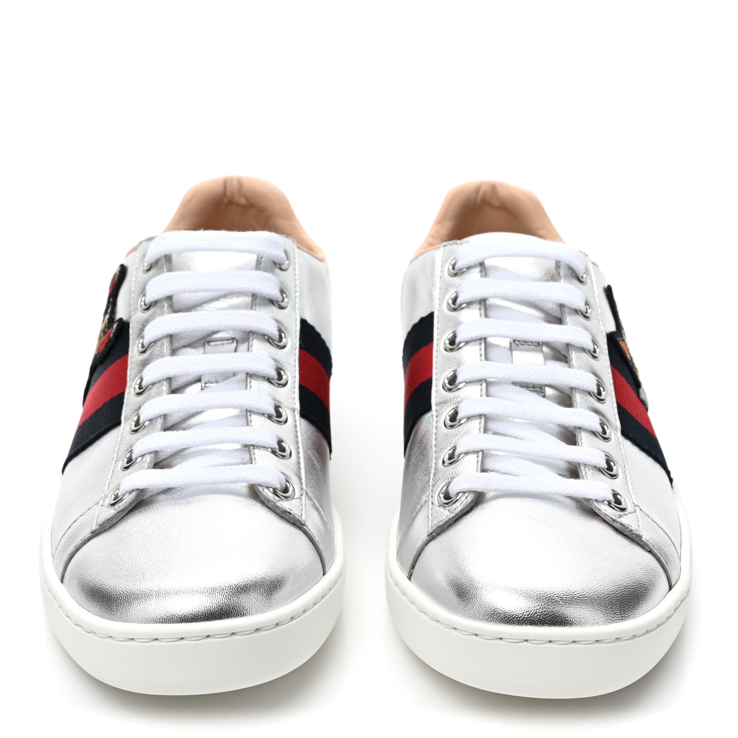 Gucci Metallic Nappa Silk Ayers Web Embroidered Womens Ace Sneakers 35 Silver 2 of 9