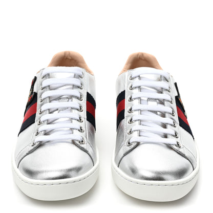 Gucci Metallic Nappa Silk Ayers Web Embroidered Womens Ace Sneakers 35 Silver 2 of 9
