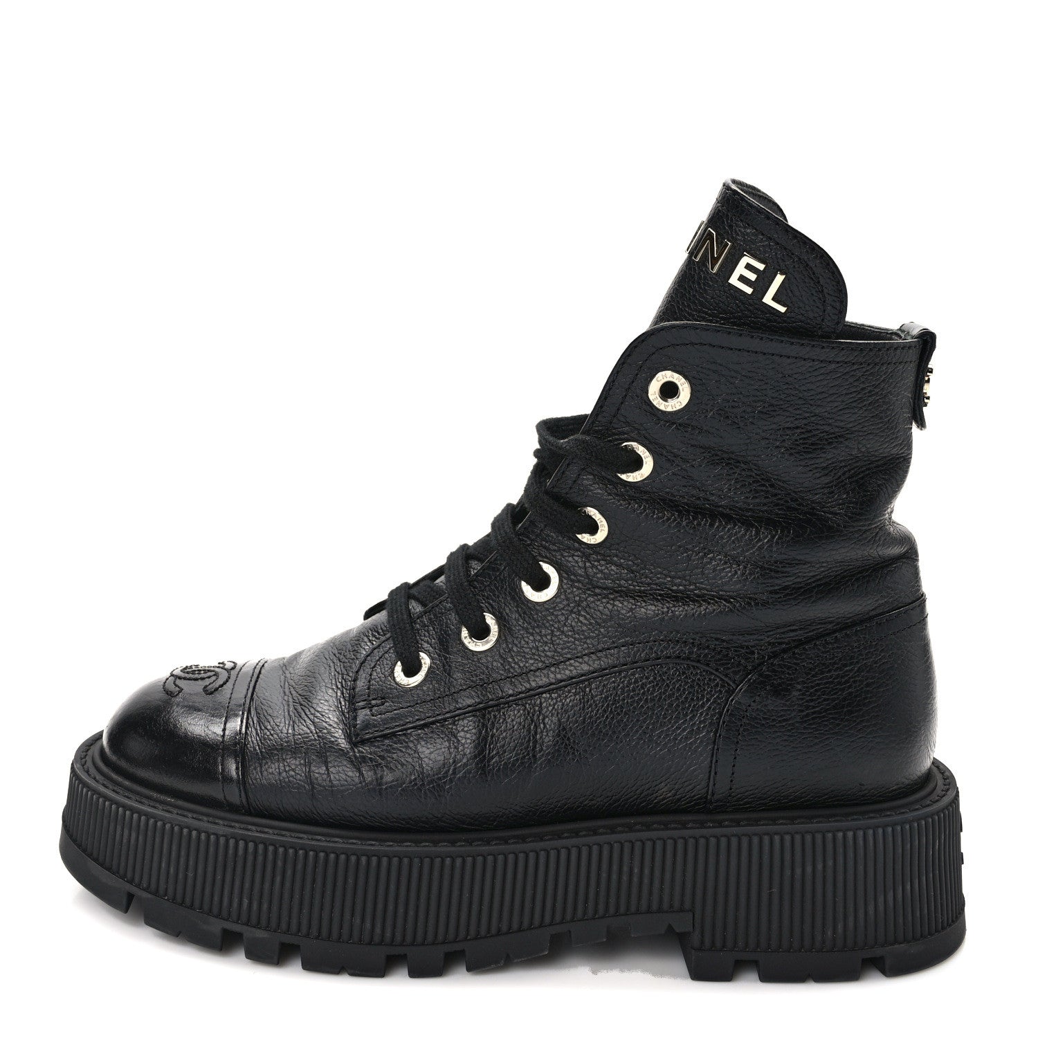 Chanel Grained Shiny Calfskin CC Lace Up Combat Boots 38 Black 1 of 11