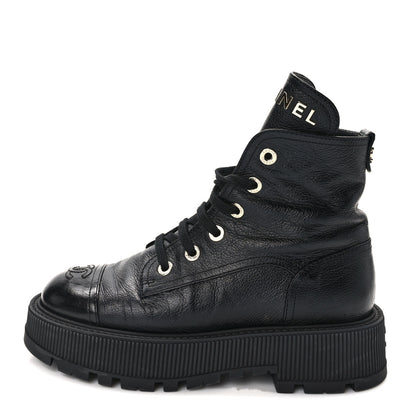 Chanel Grained Shiny Calfskin CC Lace Up Combat Boots 38 Black 1 of 11