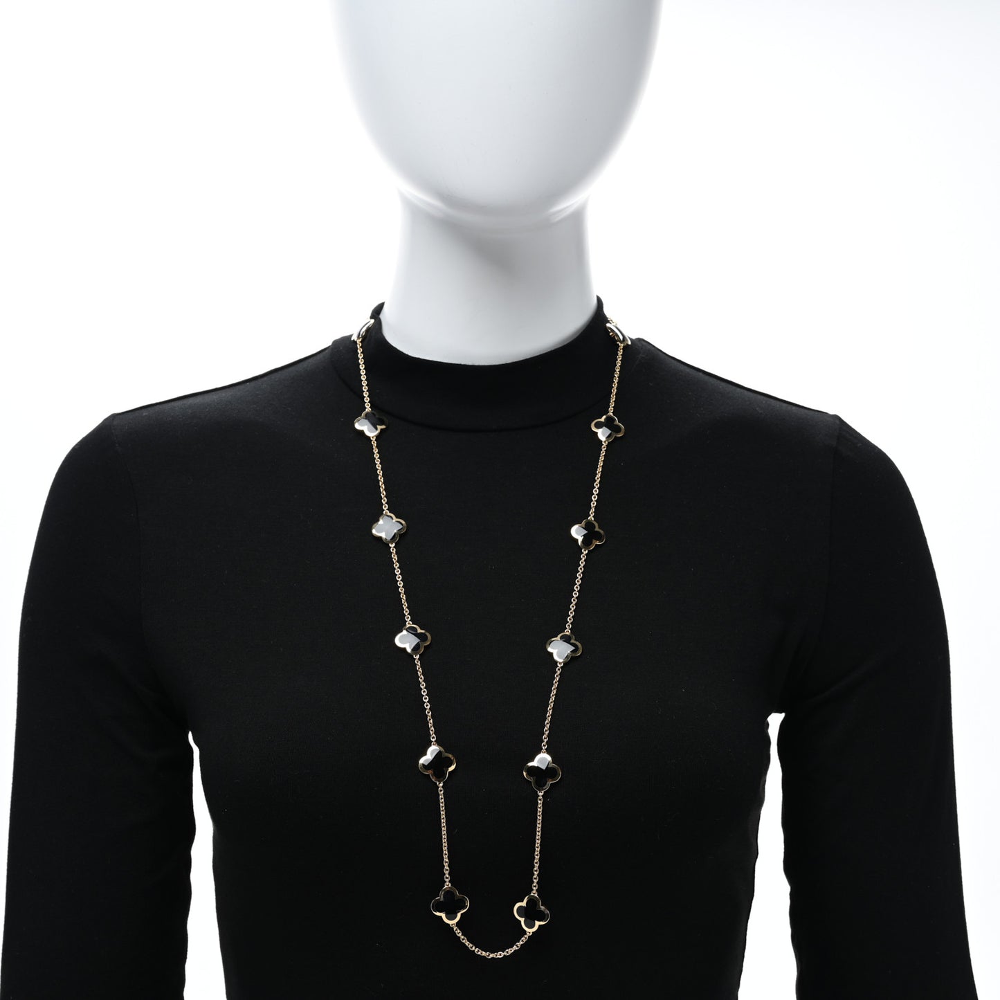 18K Yellow Gold Black Onyx Pure 14 Motifs Alhambra Necklace
