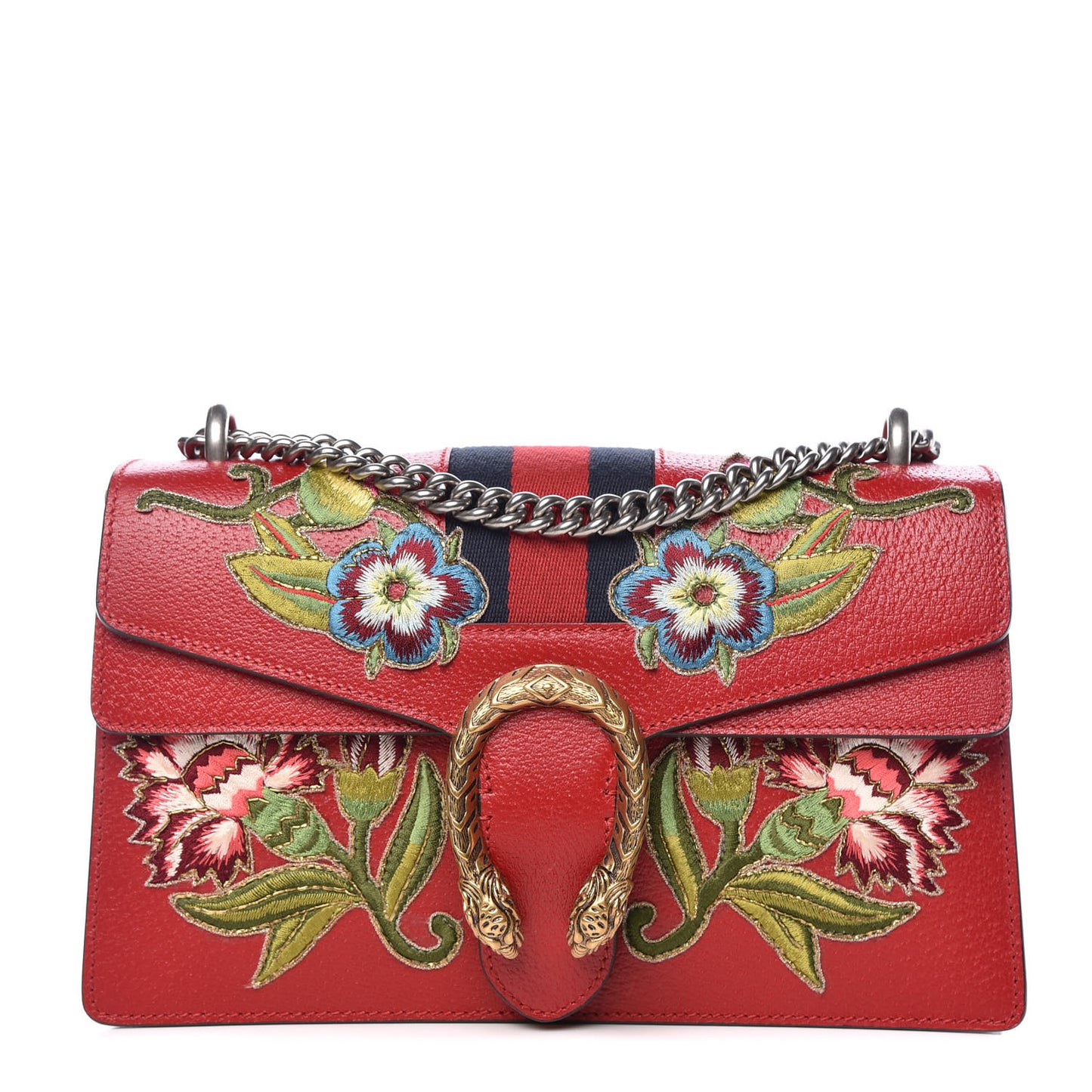 Calfskin Web Floral Embroidered Small Dionysus Shoulder Bag Hibiscus Red