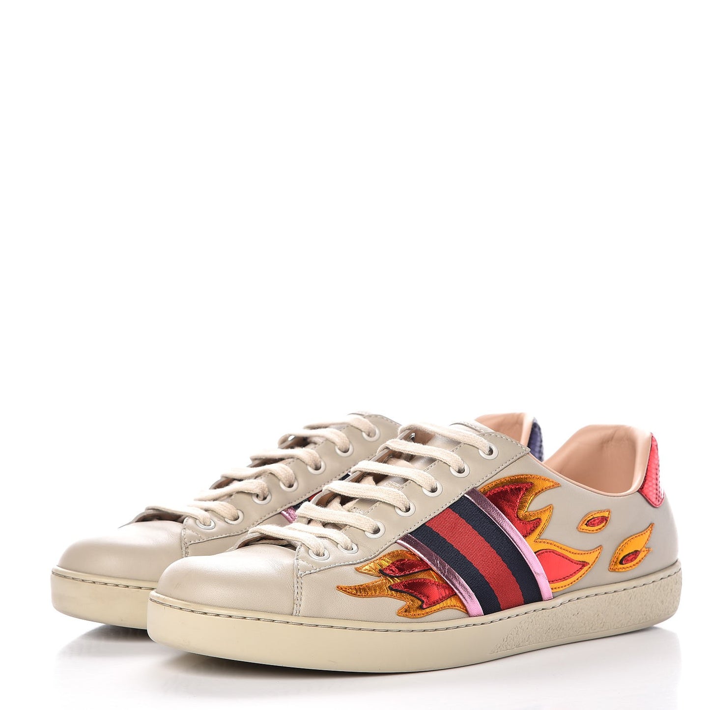 Calfskin Ayers Web Flames Embroidered Mens Ace Sneakers 9 Off White