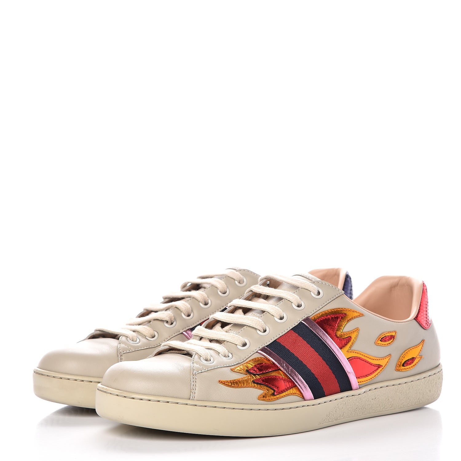 Gucci Calfskin Ayers Web Flames Embroidered Mens Ace Sneakers 9 Off White 3 of 12