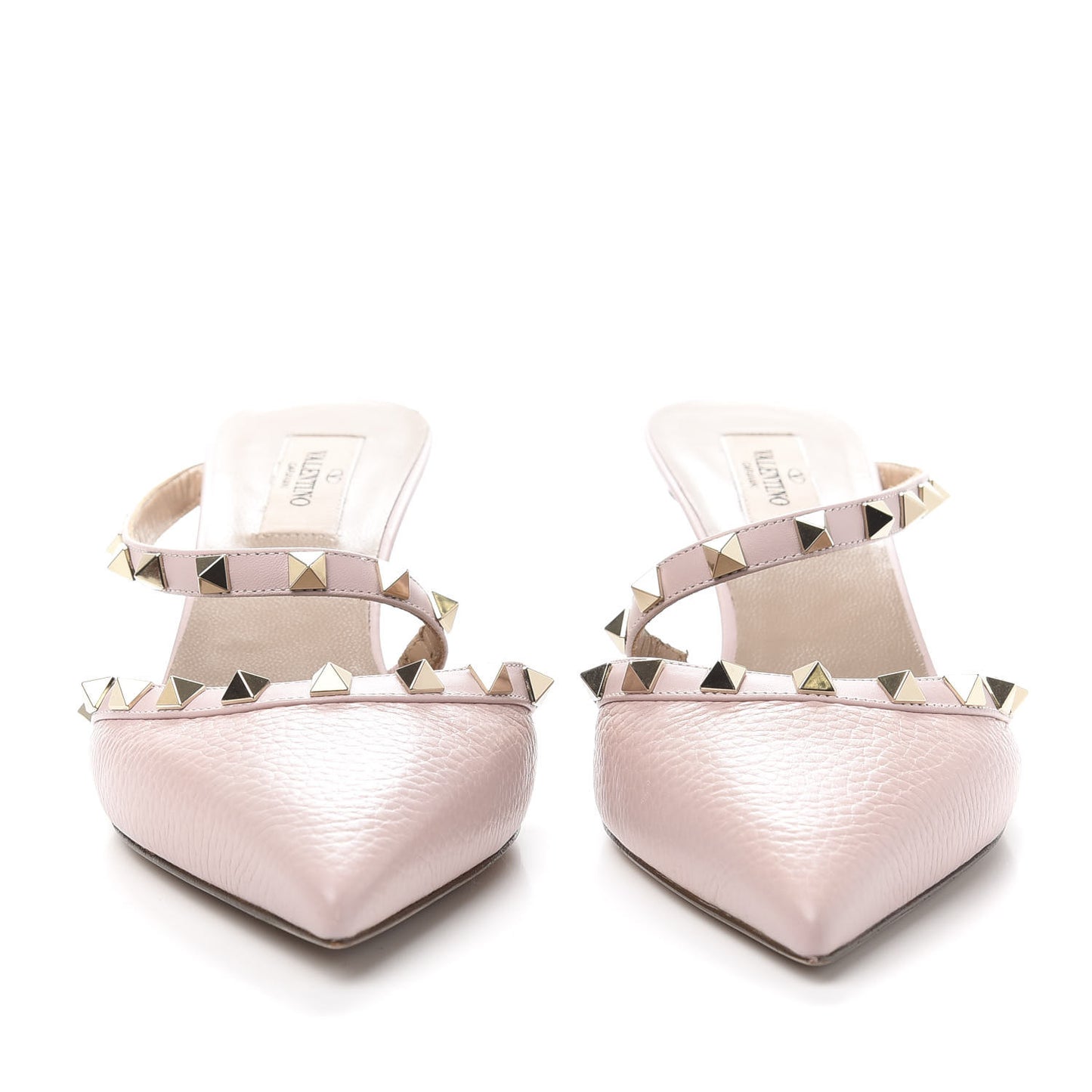 Pebbled Calfskin Rockstud Cross Strap 50mm Mules 39 Water Rose