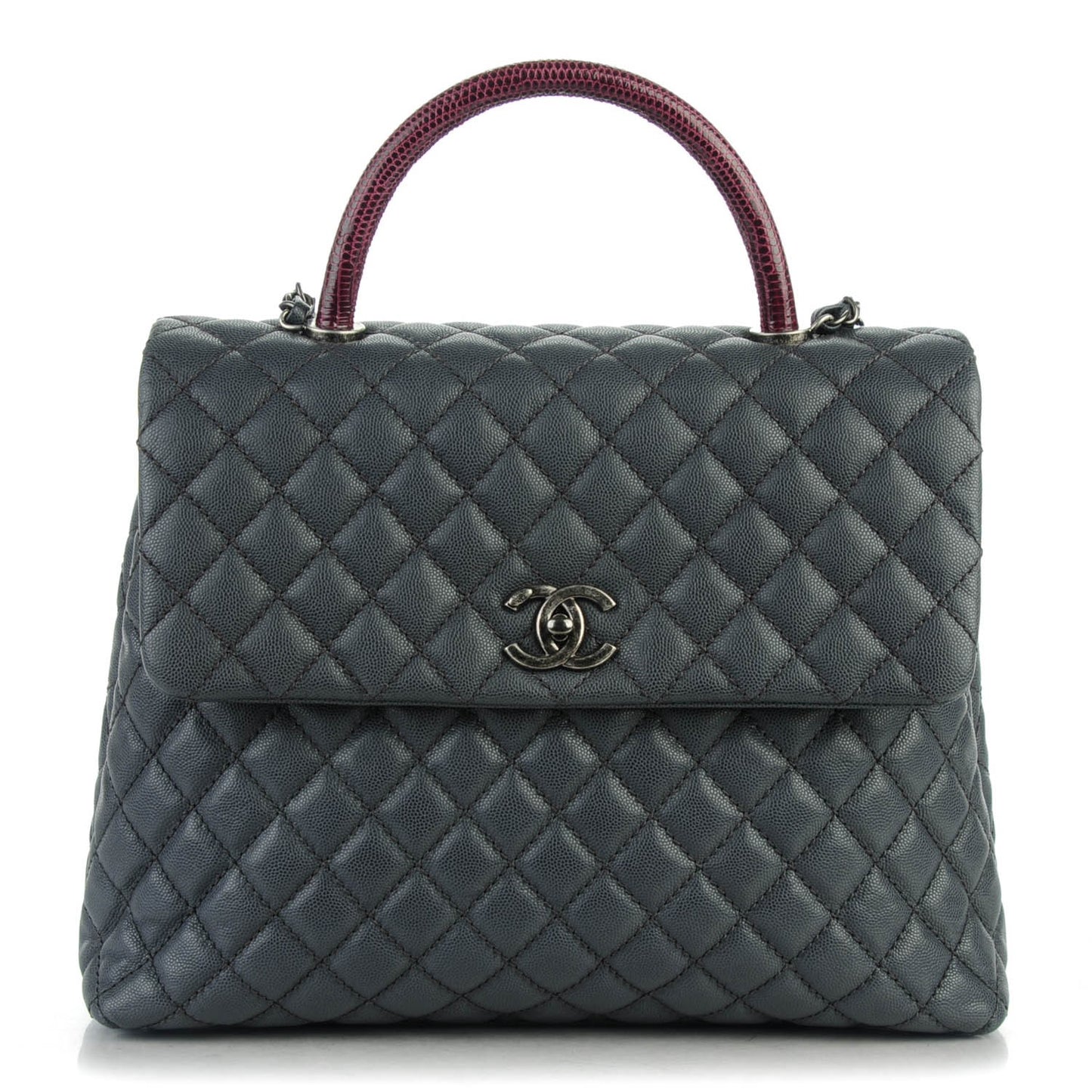 Caviar Lizard Quilted Large Coco Handle Flap Grey