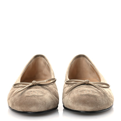 Chanel Suede Calfskin Quilted Cap Toe CC Ballerina Flats 36.5 Dark Beige 3 of 12