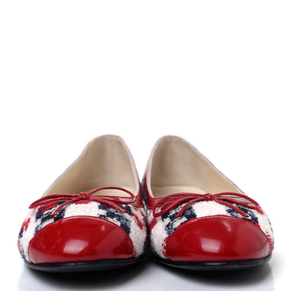 Chanel Tweed Crinkled Patent Cap Toe Ballerina Flats 38 Red 2 of 4