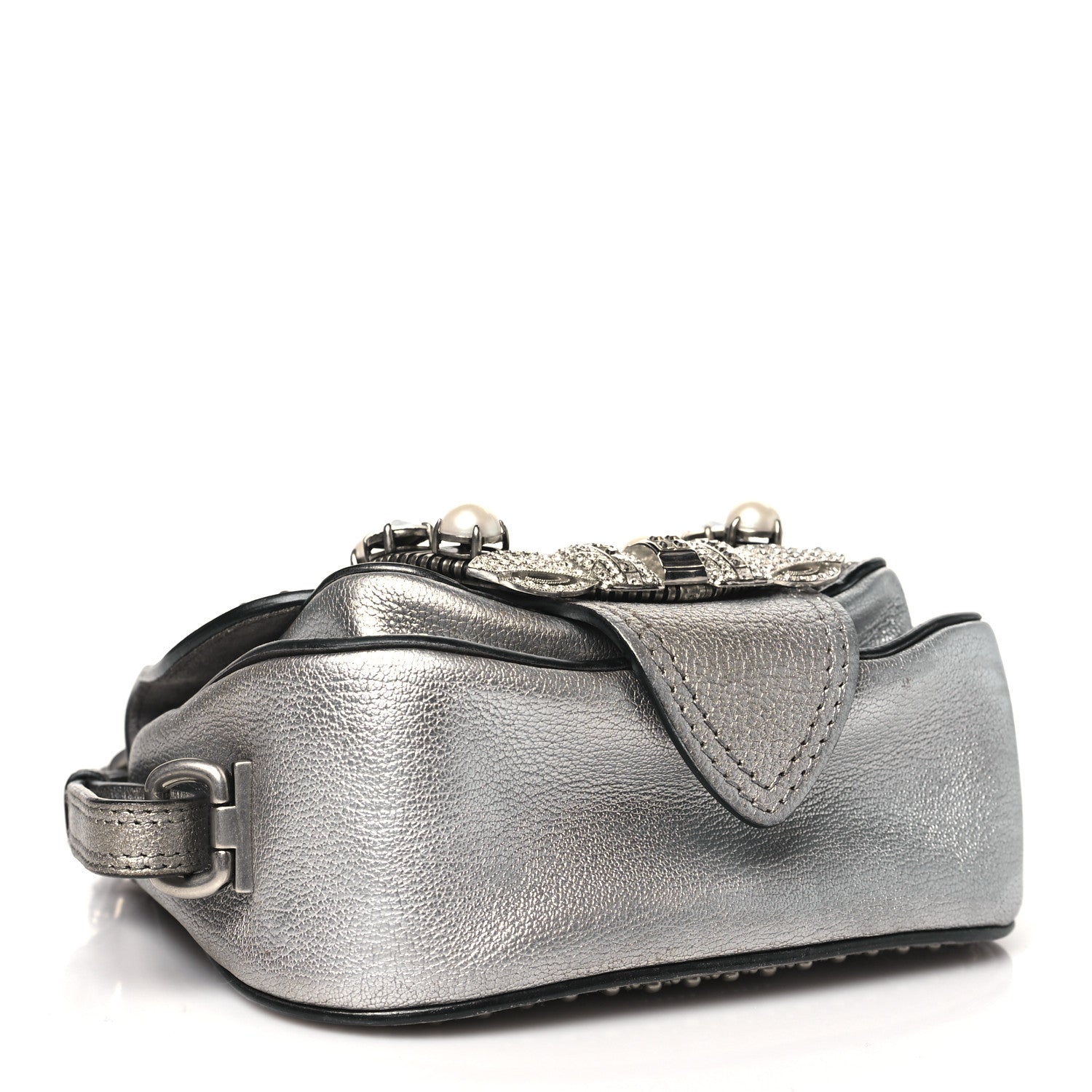 Miu Miu Goatskin Madras Soft Calfskin Crystal Embellished Dahlia Shoulder Bag Chrome 4 of 13