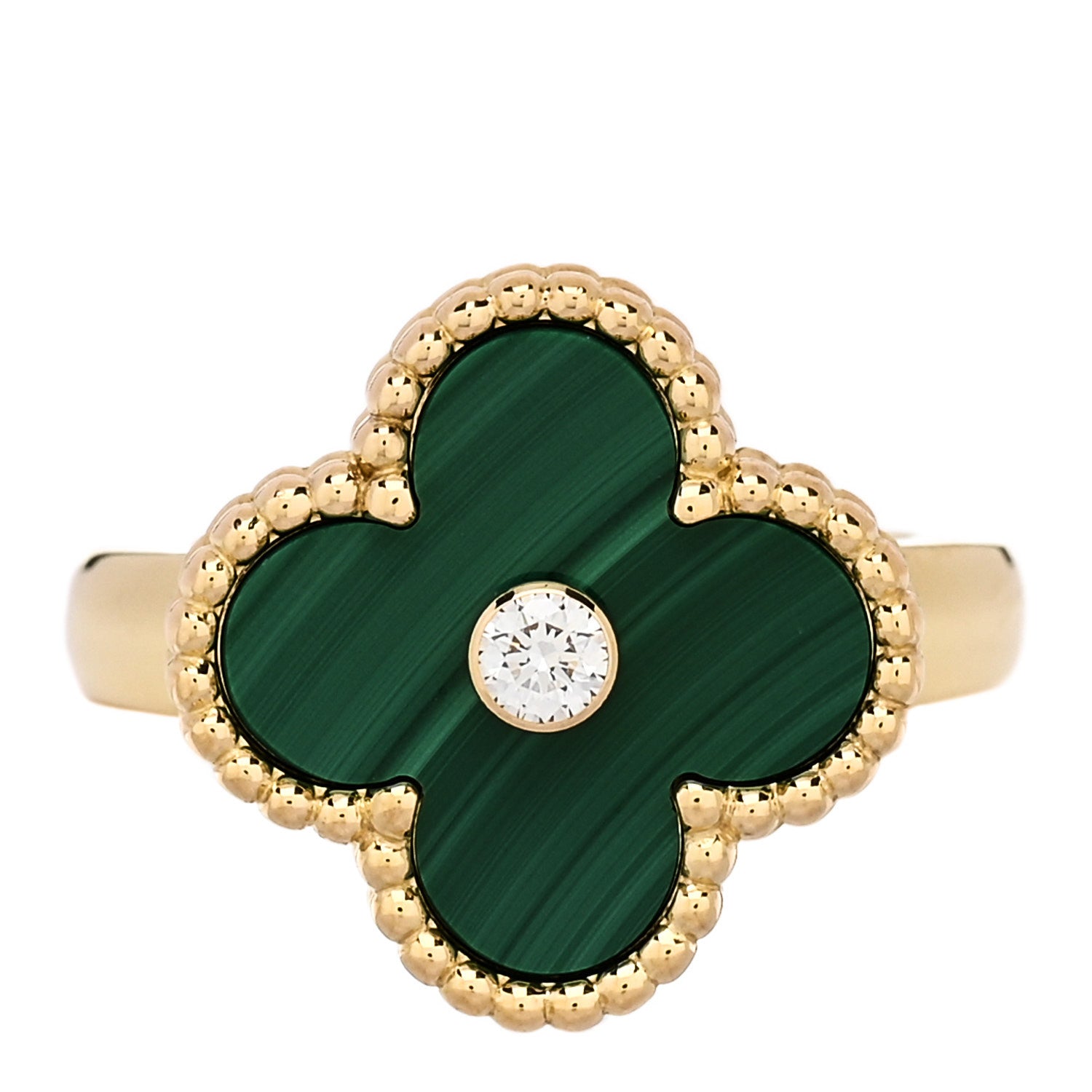 Van Cleef & Arpels 18K Yellow Gold Diamond Malachite Vintage Alhambra Ring 48 4.5 1 of 6