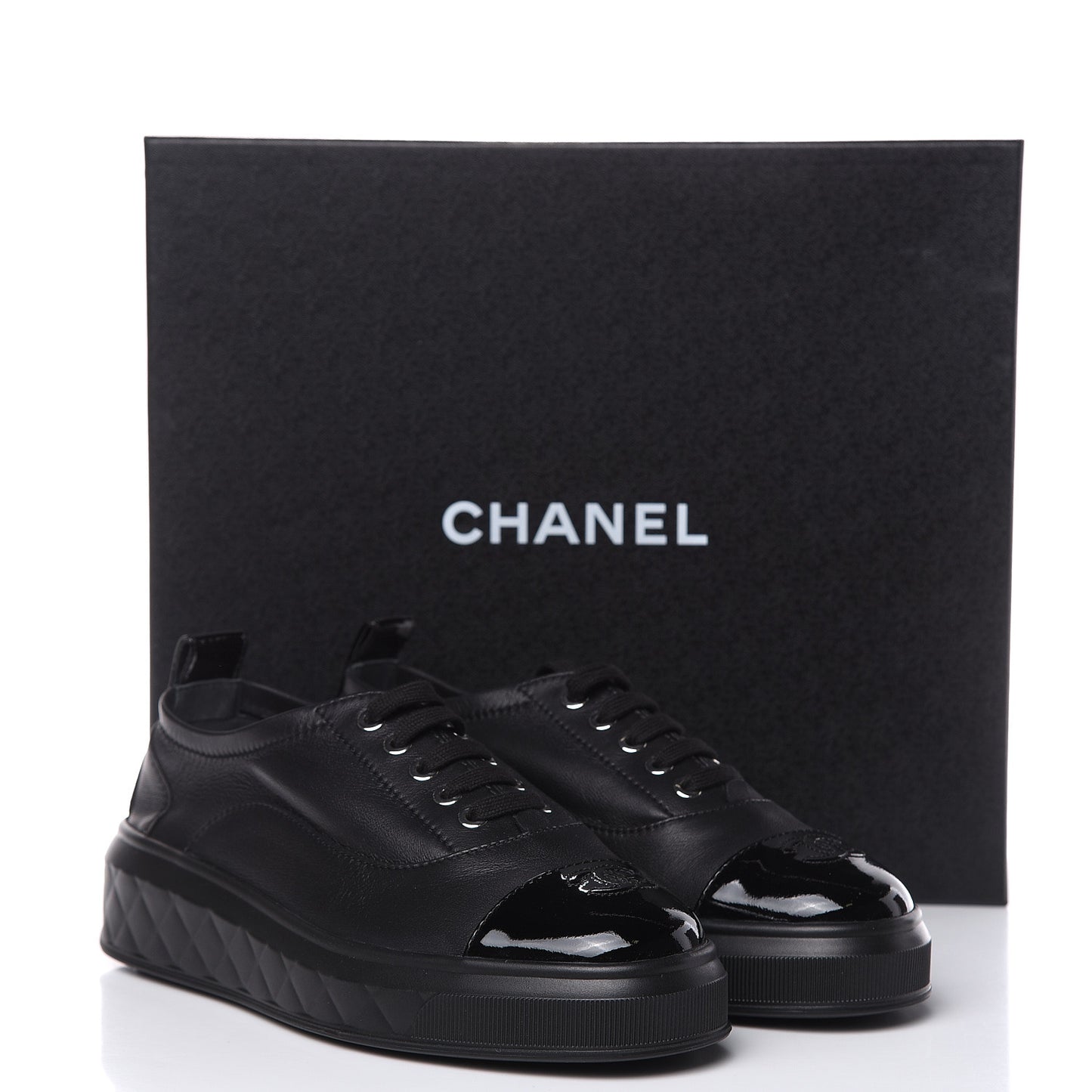 Lambskin Patent Cap Toe Lace Up Sneakers 38.5 Black