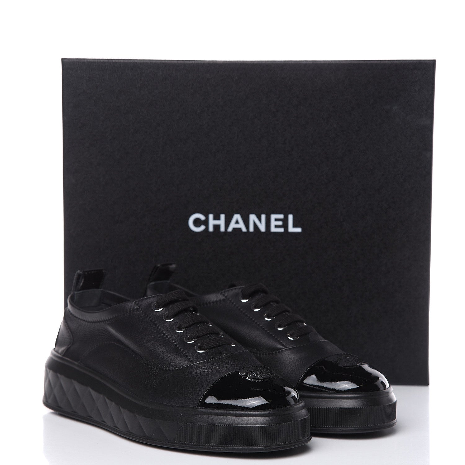 Chanel Lambskin Patent Cap Toe Lace Up Sneakers 38.5 Black 8 of 8