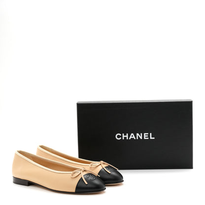 Chanel Lambskin Cap Toe CC Ballerina Flats 38 Beige Black 9 of 9
