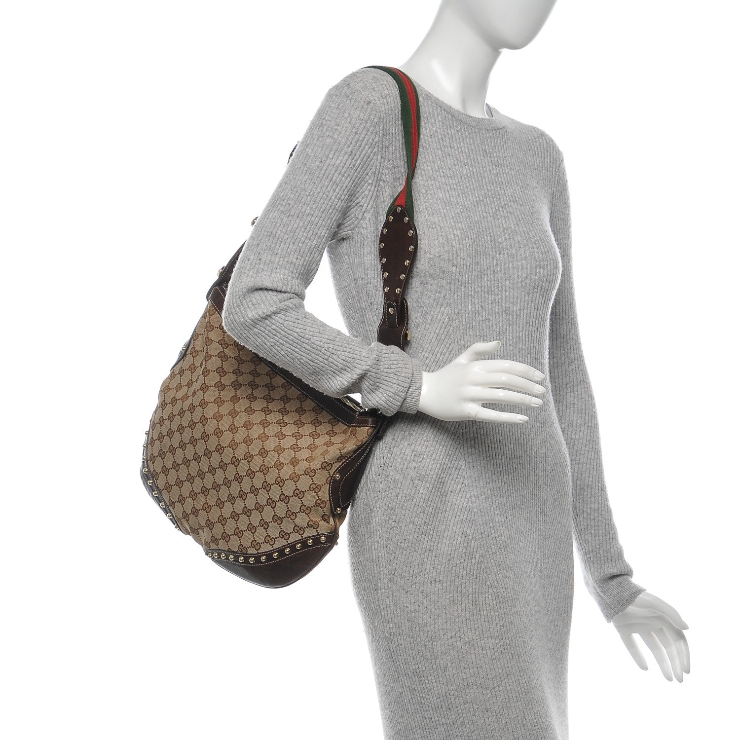 Gucci Monogram Web Studded Pelham Shoulder Bag Dark Brown 2 of 6
