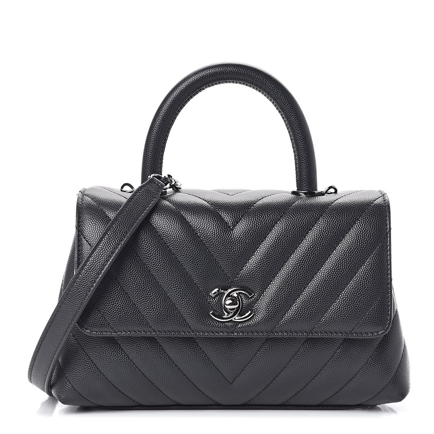 Caviar Chevron Quilted Mini Coco Handle Flap Dark Grey