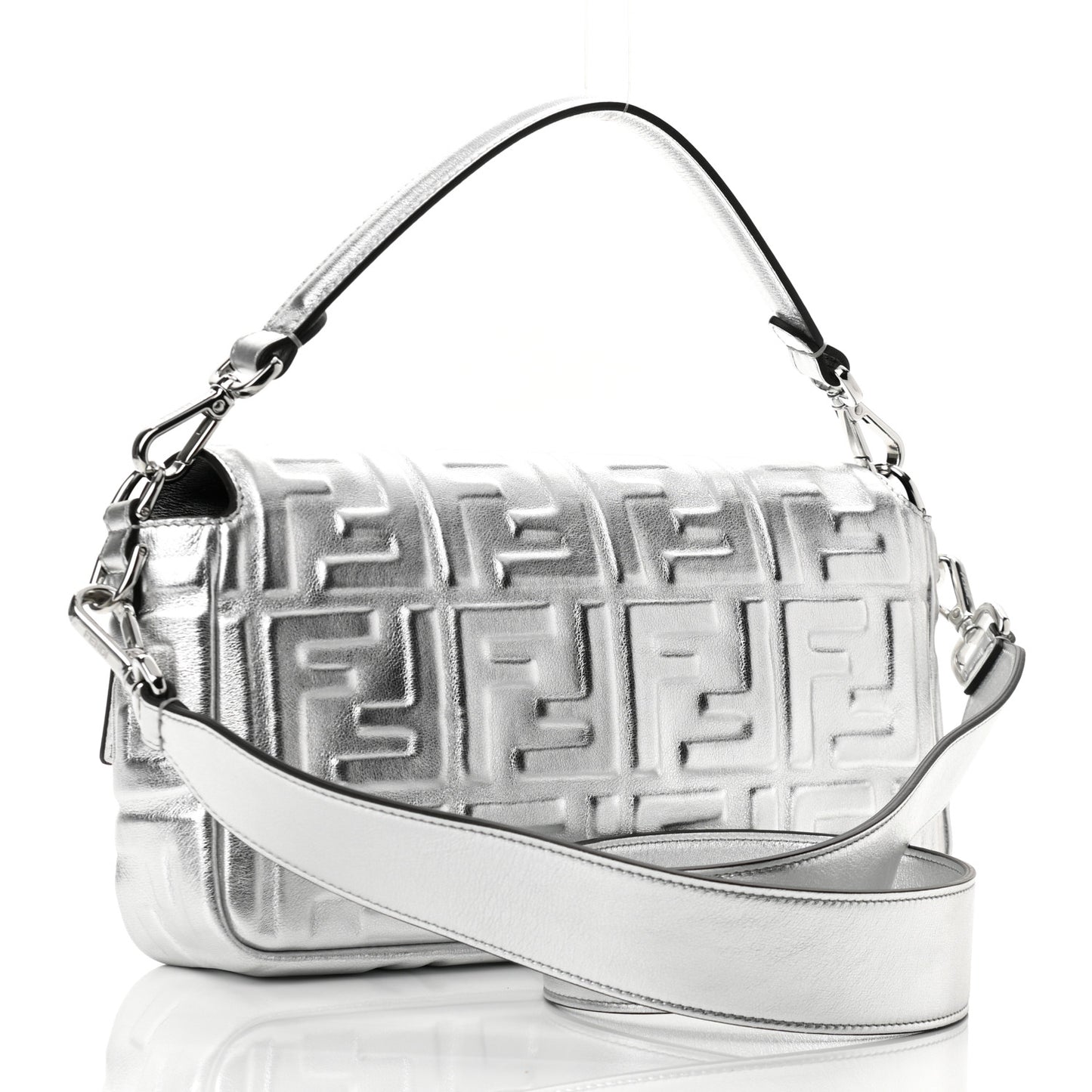 Vitello Catalan Mirror FF 1974 Embossed Baguette Argento