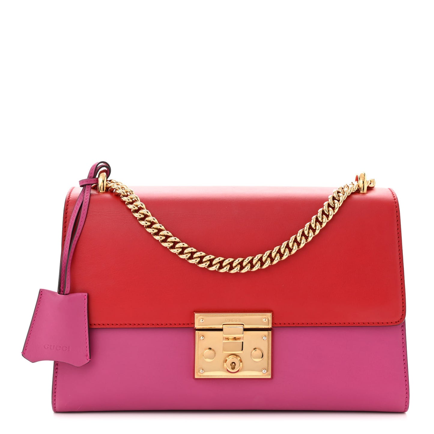Moon Calfskin Bi-Color Medium Padlock Shoulder Bag New Rosette Hibiscus Red