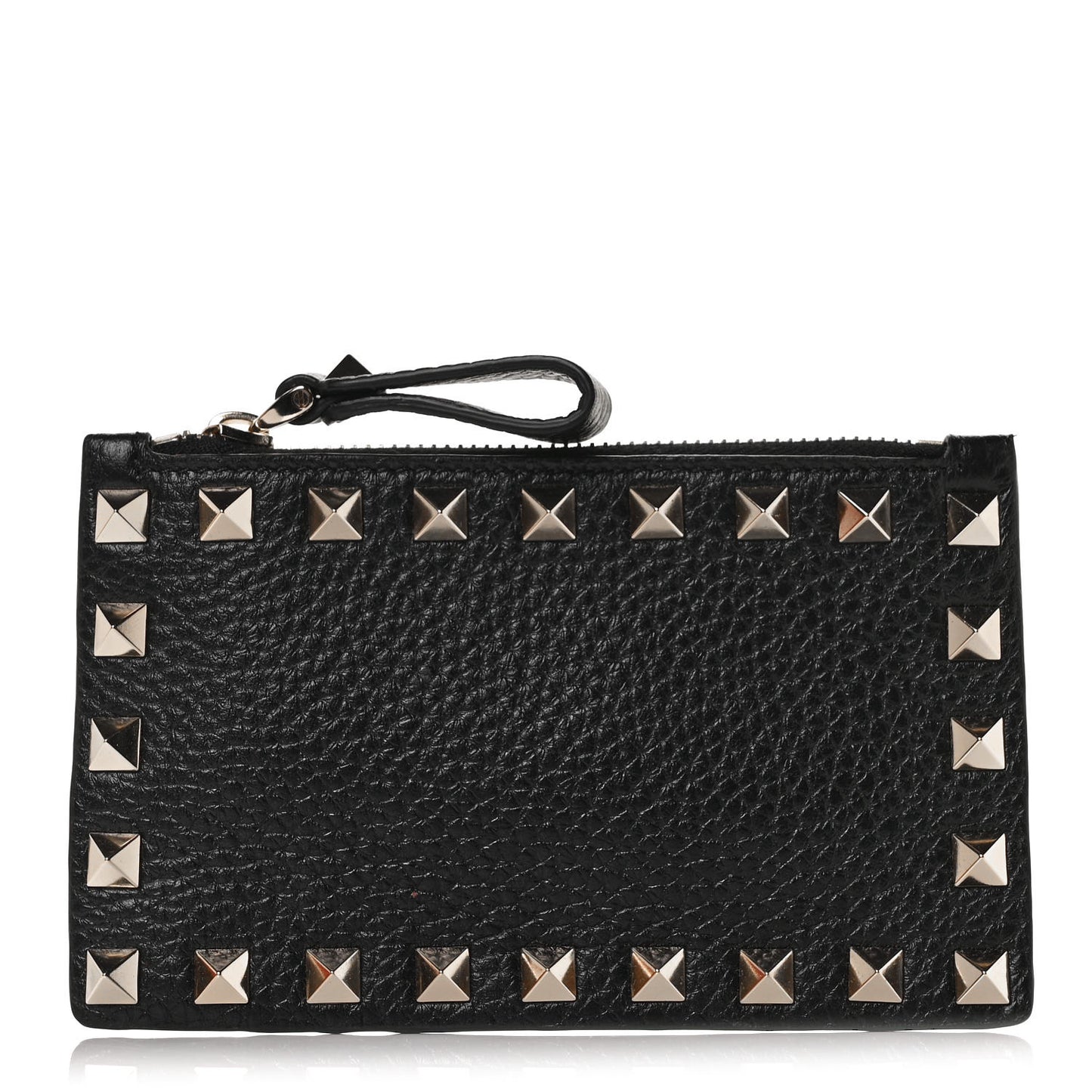Pebbled Calfskin Rockstud Coin Case Card Holder Black