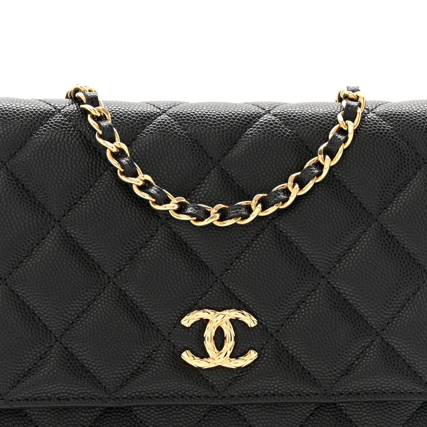 Caviar Quilted Textured CC Wallet On Chain WOC Black