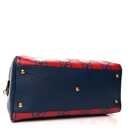 Gucci X ADIDAS Canvas Textured Dollar Calfskin Web GG Monogram Trefoil Large Bowling Bag Hibiscus Red  Blue Navy 3 of 11