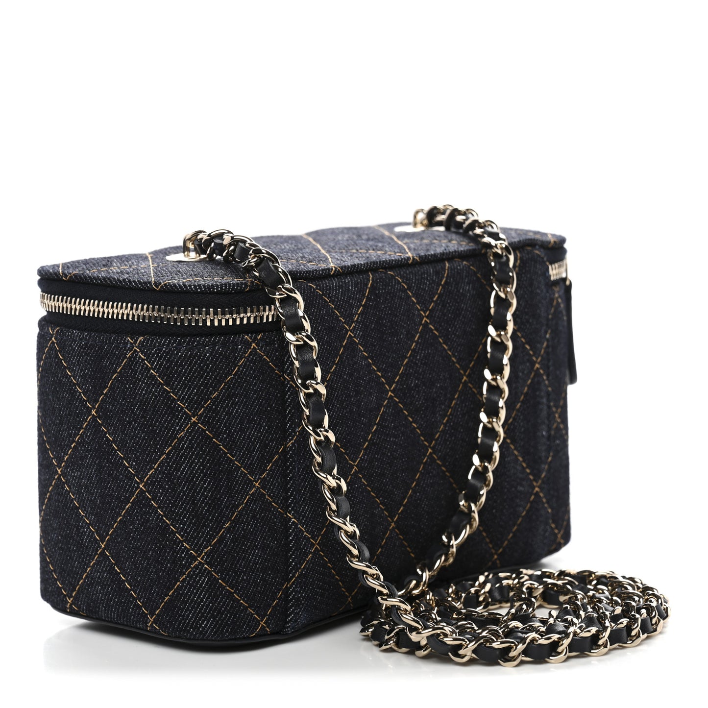 Denim Quilted Small Vanity Case With Chain Dark Blue Orange