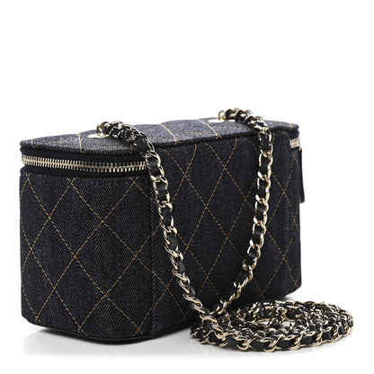 Chanel Denim Quilted Small Vanity Case With Chain Dark Blue Orange 3 of 11