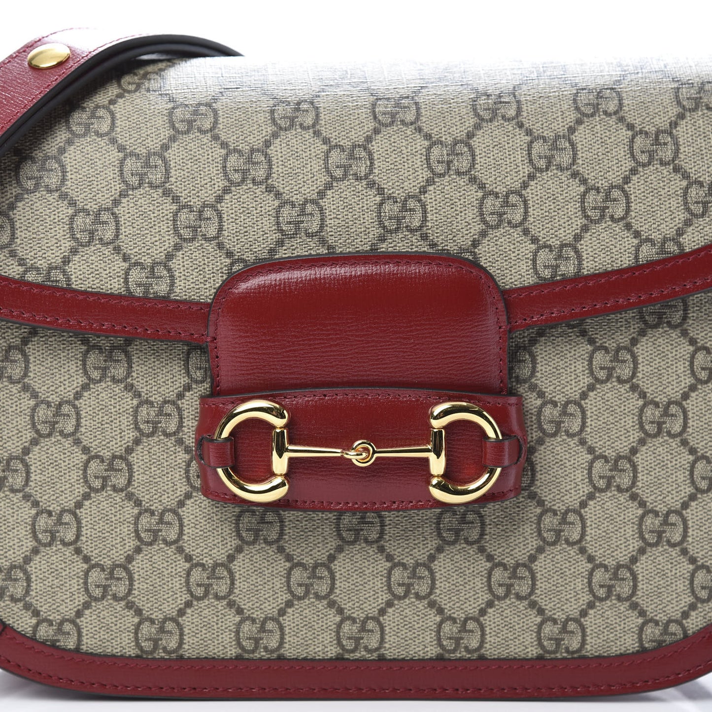 GG Supreme Monogram Azalea Calfskin Horsebit 1955 Shoulder Bag Beige Ebony New Cherry Red