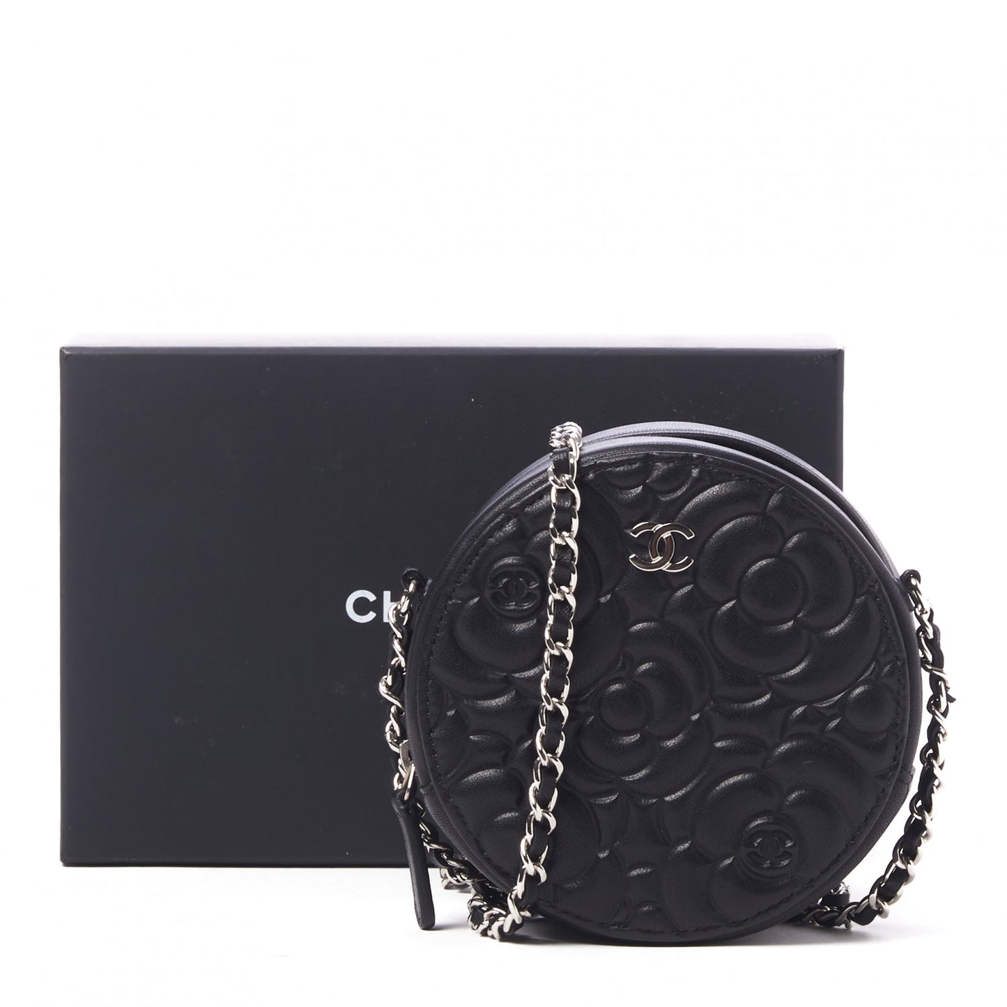 Lambskin Camellia Quilted Round Clutch With Chain Black
