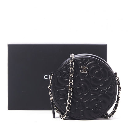 Chanel Lambskin Camellia Quilted Round Clutch With Chain Black 10 of 10