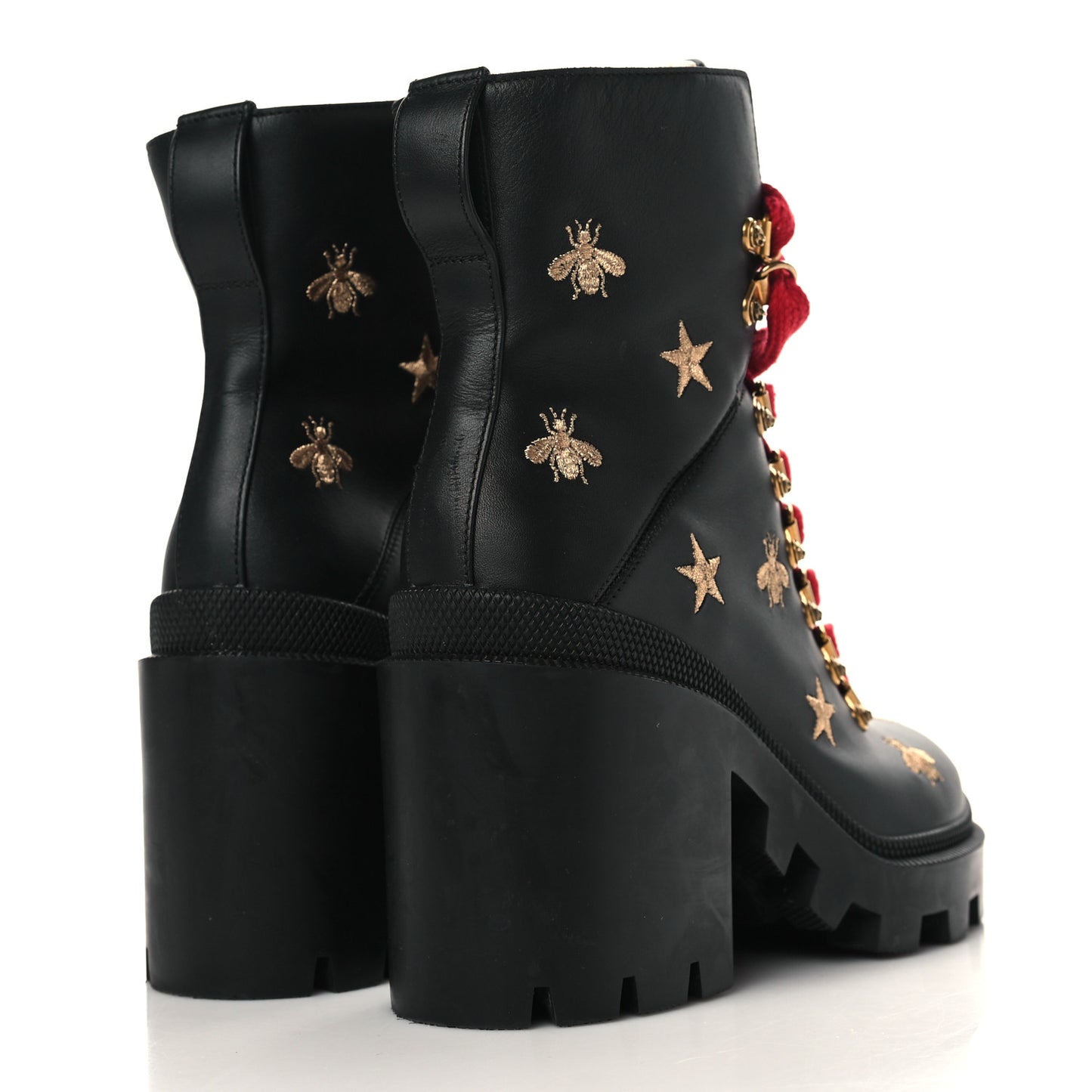 Calfskin Embroidered Lace Up Combat Ankle Boots 36 Black